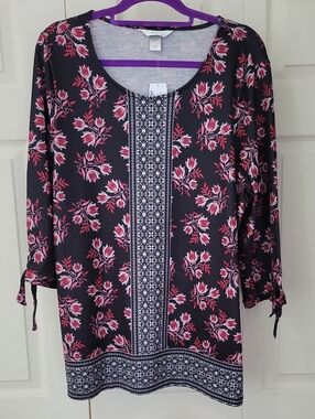 CJ Banks Black Tunic Top with Pink Floral Print